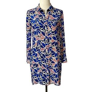Diane von Furstenberg 100% Silk Printed Shirt Dress Women’s 8 Long Sleeve W/ Tab